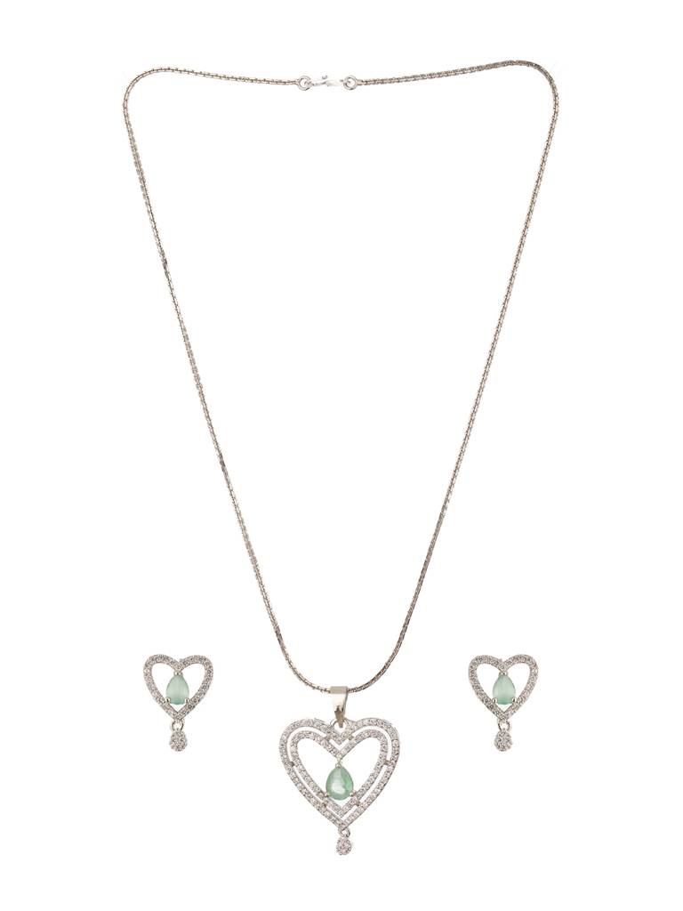 Rhodium-Plated Green Ad Stone Studded Heart Shaped Pendant With Earrings And Chain : NL-JS24-40398