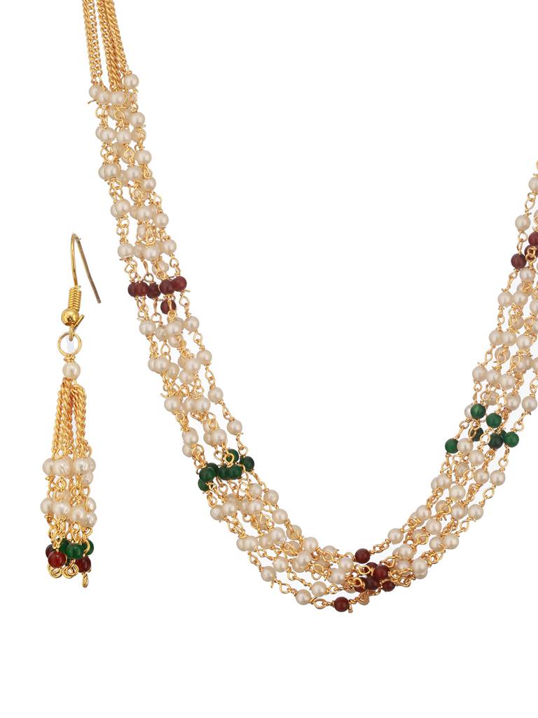 Gold-Plated Pearls Beaded Layered Necklace With Drop Earrings : NL-JS24-40404