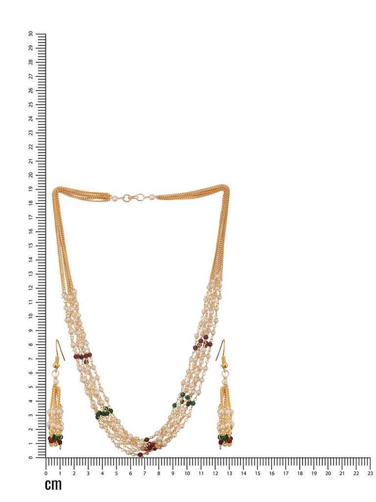 Gold-Plated Pearls Beaded Layered Necklace With Drop Earrings : NL-JS24-40404