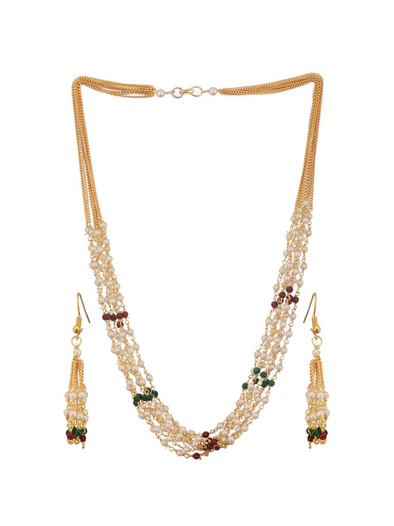 Gold-Plated Pearls Beaded Layered Necklace With Drop Earrings : NL-JS24-40404