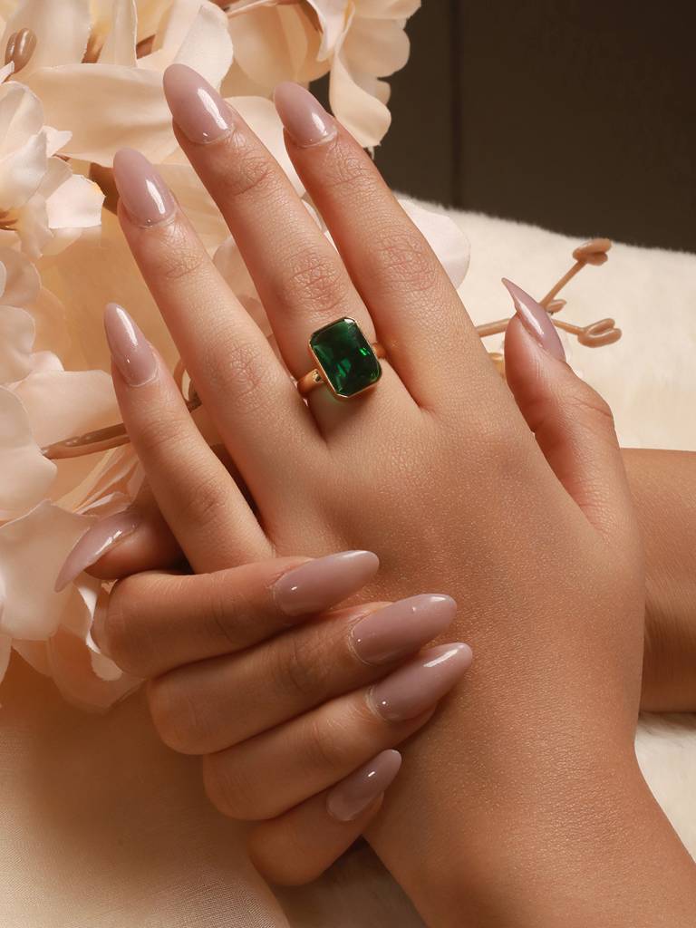 Gold Plated Sapphire Emerald Green Rectangular Minimal Adjustable Finger Ring : STRG8191
