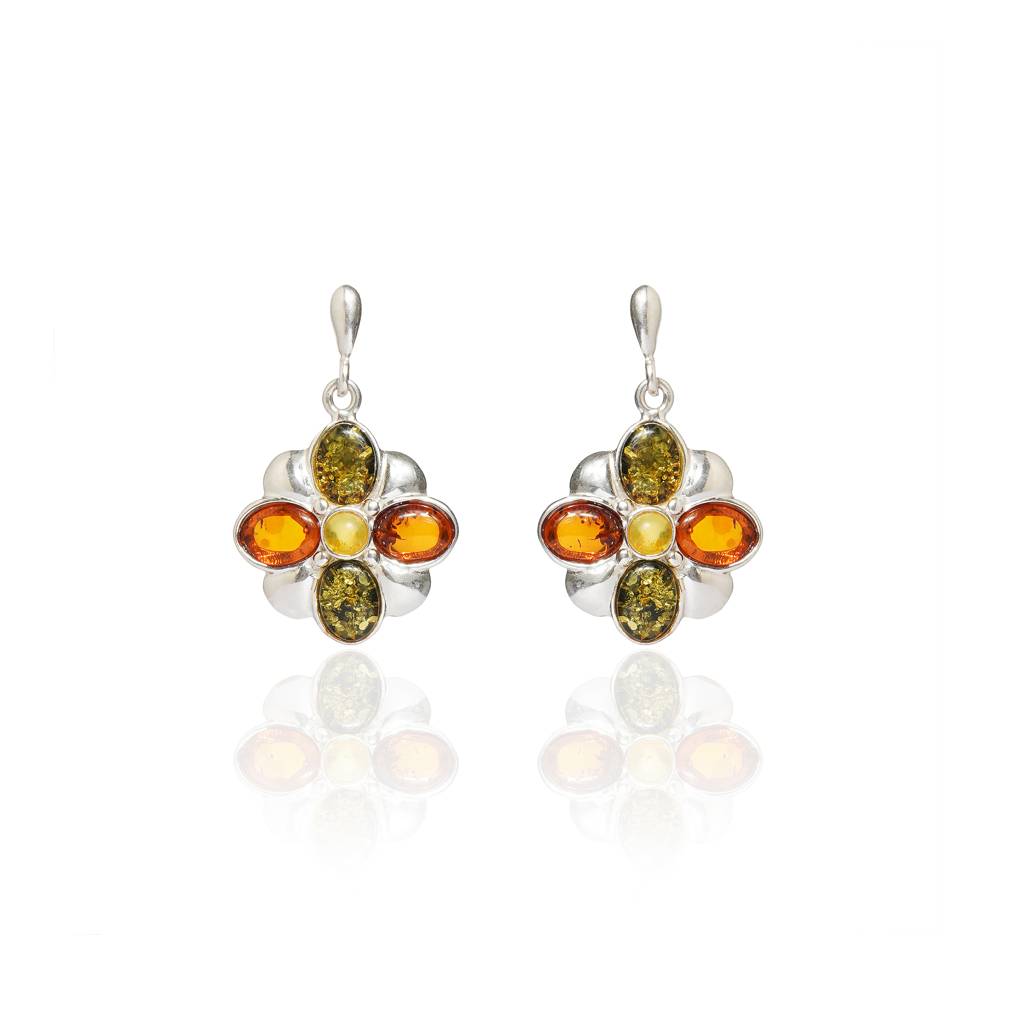 Multicolor European Baltic Amber Clover Leaf Earrings In Sterling Silver : SIL-EAR-CAS-0005-MUL