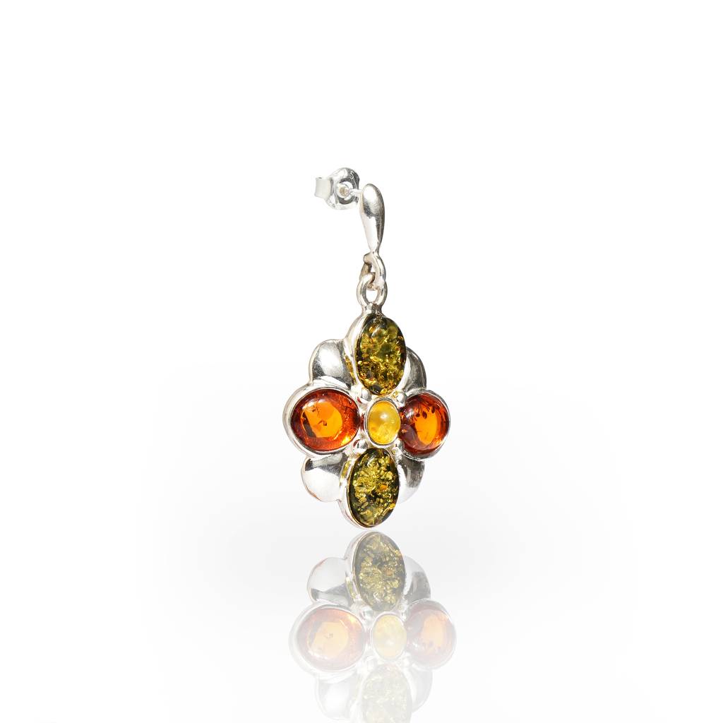 Multicolor European Baltic Amber Clover Leaf Earrings In Sterling Silver : SIL-EAR-CAS-0005-MUL
