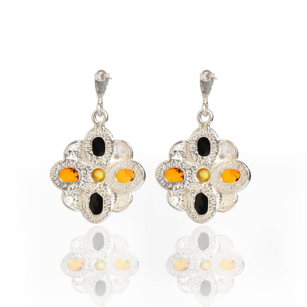 Multicolor European Baltic Amber Clover Leaf Earrings In Sterling Silver : SIL-EAR-CAS-0005-MUL