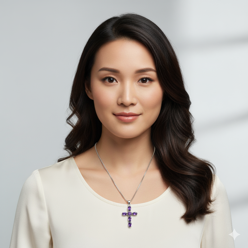 Pure 925 Silver Cross Amethyst Pendant For Men & Women : SP-02