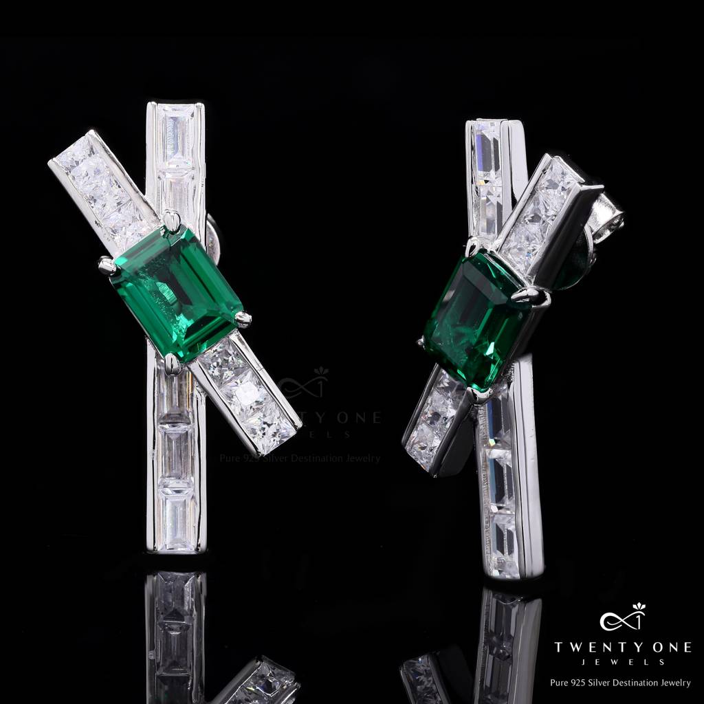 Ultra Premium American Diamond Baguette Earrings With Emerald Doublets On Pure 925 Silver : TE2209