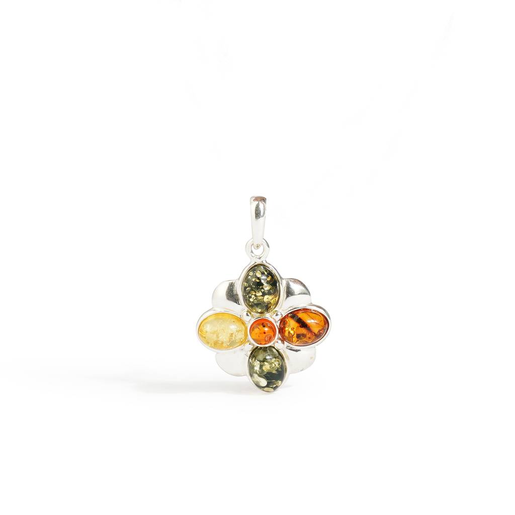 Multicolor European Baltic Amber Clover Leaf Pendant In Sterling Silver : SIL-PEN-CAS-0006-MUL