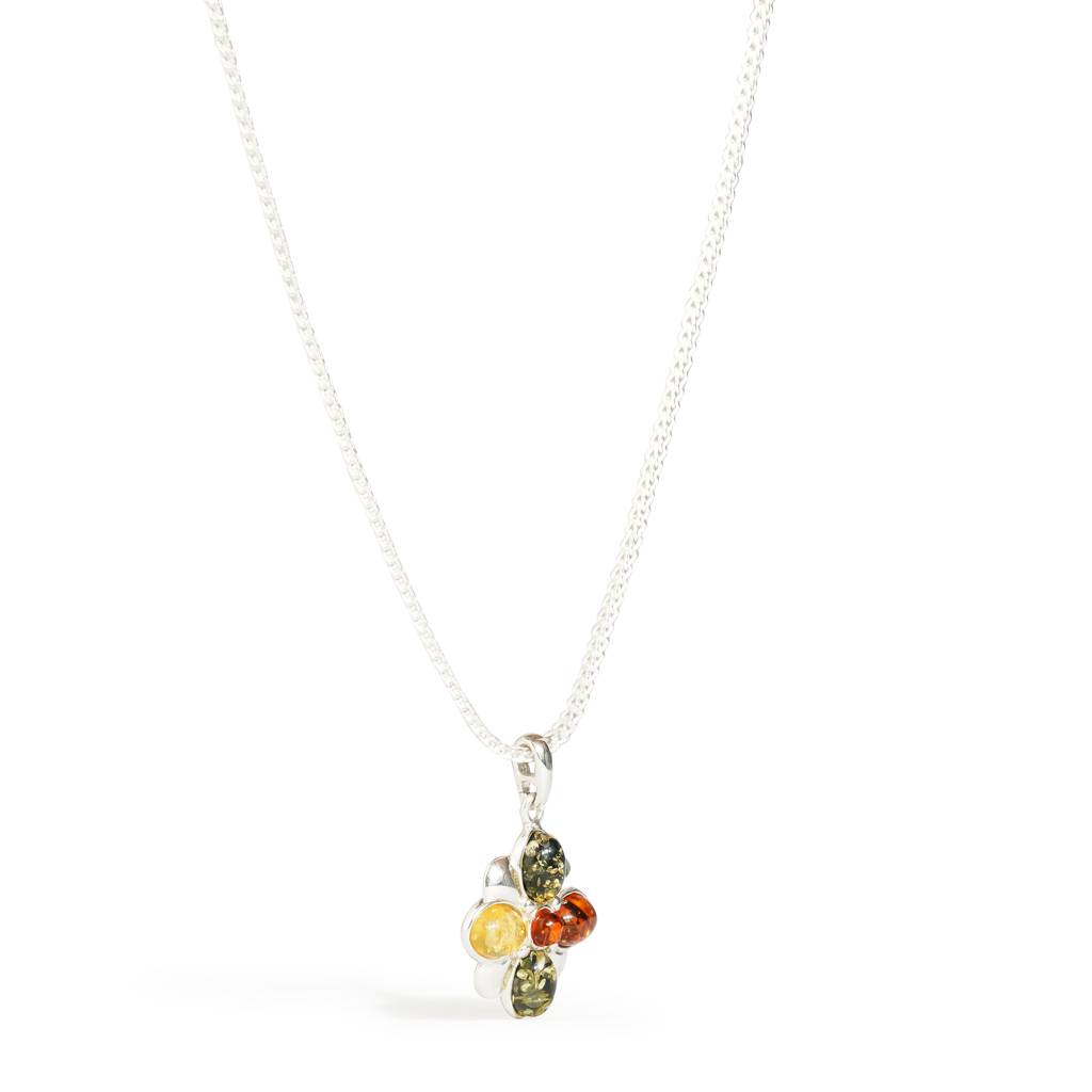 Multicolor European Baltic Amber Clover Leaf Pendant In Sterling Silver : SIL-PEN-CAS-0006-MUL