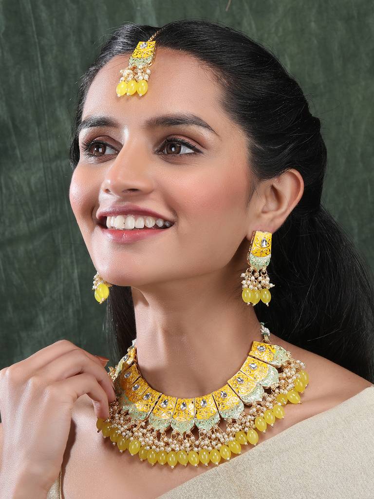 Dual Colour Kundan Meenakari Necklace Set With Earrings And Maangtika : Kundan08Yellow