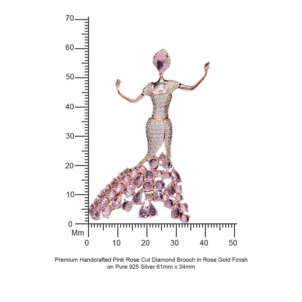 Premium Handcrafted Pink Rose Cut Diamond Brooch In Rose Gold Finish On Pure 925 Silver : TBR7101