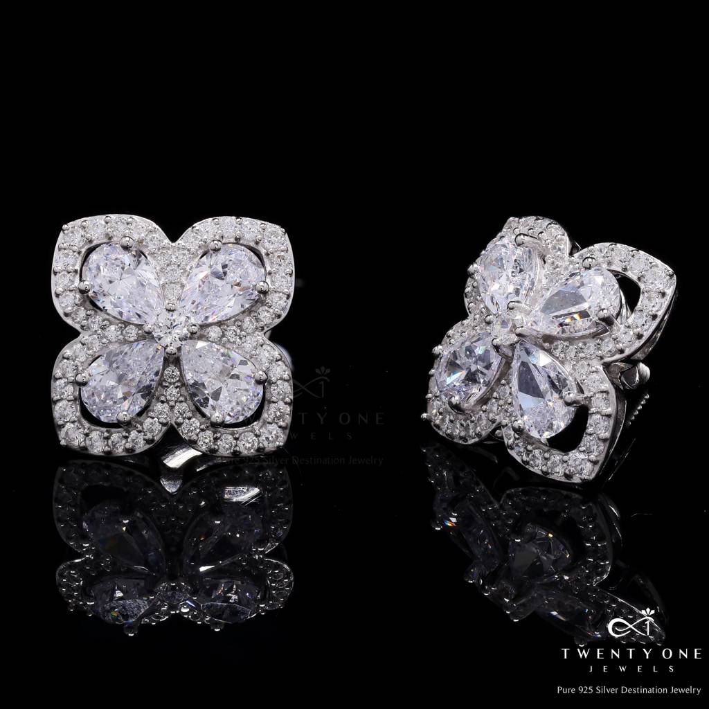 Premium Drop Solitaire Malti Marie Floral Studs With Premium Screw Backs On Pure 925 Silver : TE2208