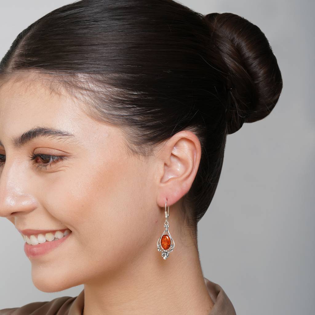 Cognac European Baltic Amber Vintage Style Ornate Venus Earrings In Sterling Silver : SIL-EAR-CAS-0010-COG
