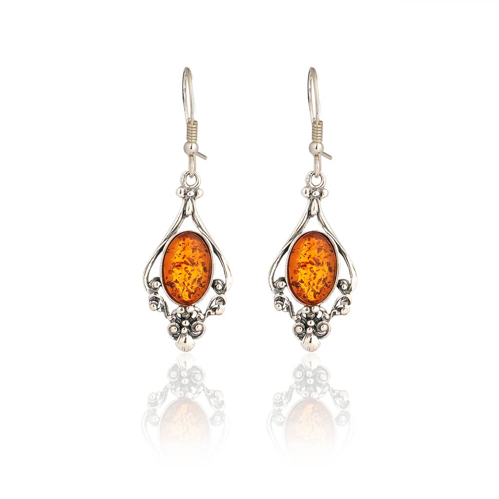 Cognac European Baltic Amber Vintage Style Ornate Venus Earrings In Sterling Silver : SIL-EAR-CAS-0010-COG