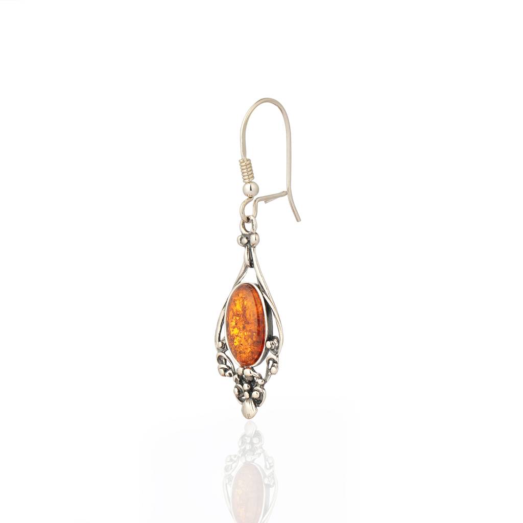 Cognac European Baltic Amber Vintage Style Ornate Venus Earrings In Sterling Silver : SIL-EAR-CAS-0010-COG
