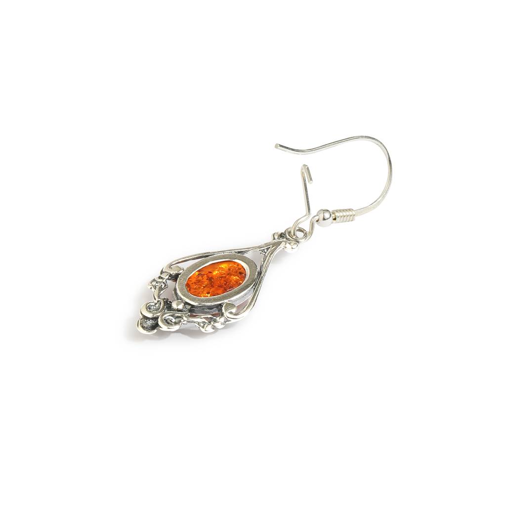 Cognac European Baltic Amber Vintage Style Ornate Venus Earrings In Sterling Silver : SIL-EAR-CAS-0010-COG