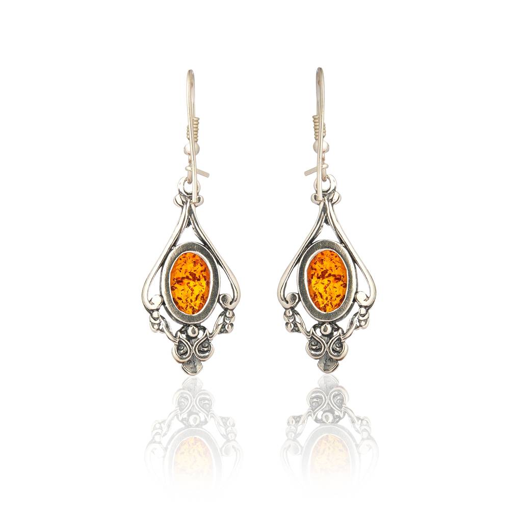 Cognac European Baltic Amber Vintage Style Ornate Venus Earrings In Sterling Silver : SIL-EAR-CAS-0010-COG