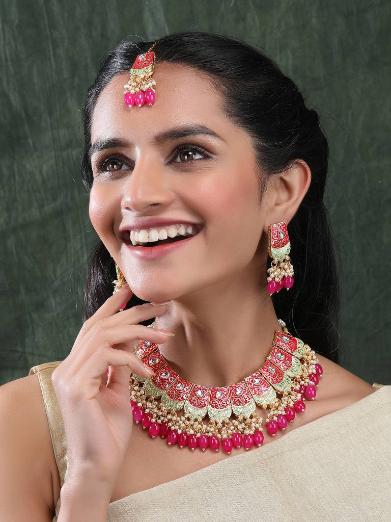 Dual Colour Kundan Meenakari Necklace Set With Earrings And Maangtika : Kundan08Pink