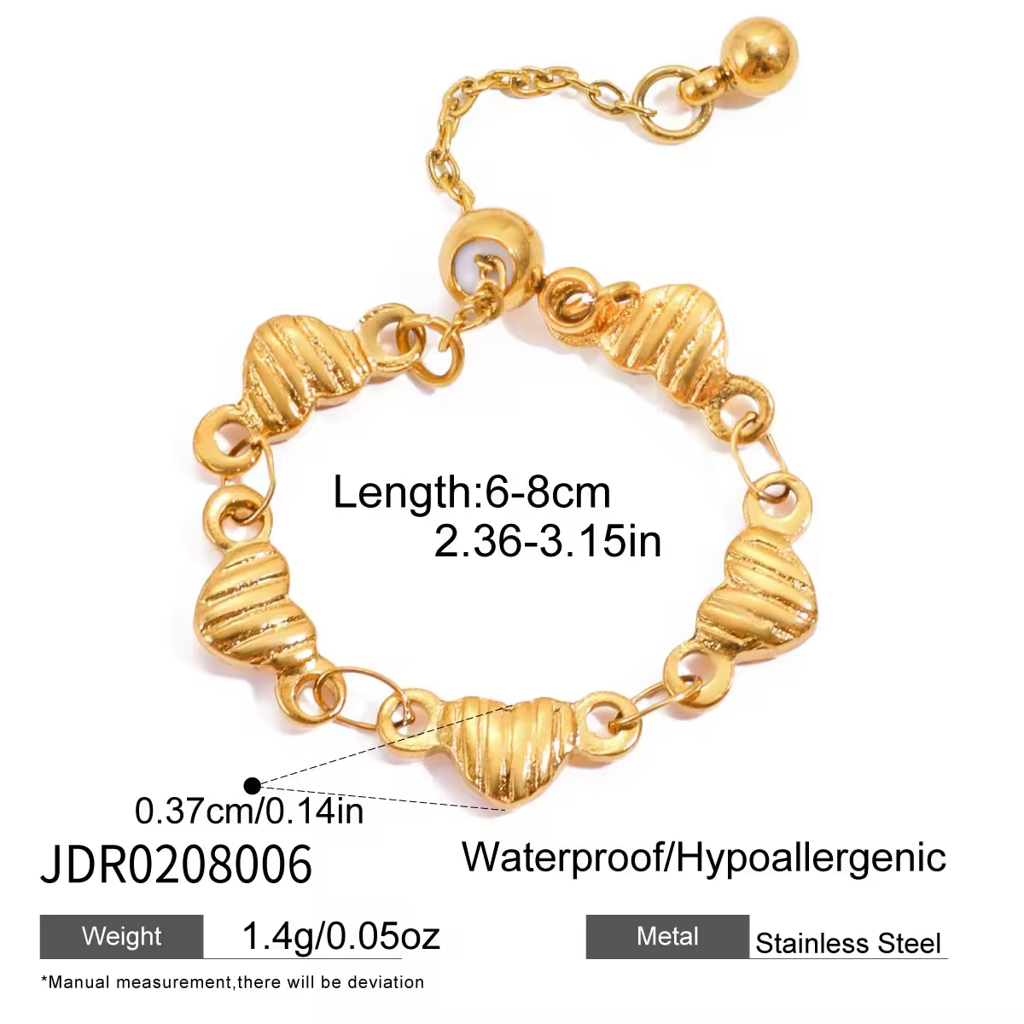 18K Gold Plated Anti-Tarnish Heart Adjustable Chain Ring : RIN-906
