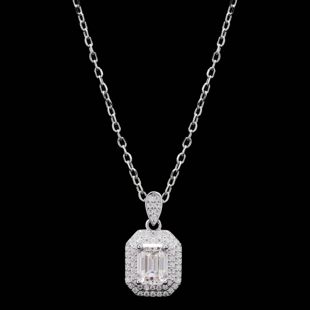 Pure 925 Silver Emerald Cut Three Layer Moissanite Pendant For Women : SYM-0200