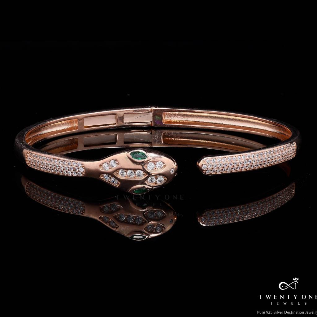 Luxury Brand Inspired Rose Gold Serpent Openable Bracelet With Micro Setting American Diamonds And Green Emerald Eye  : TB4152