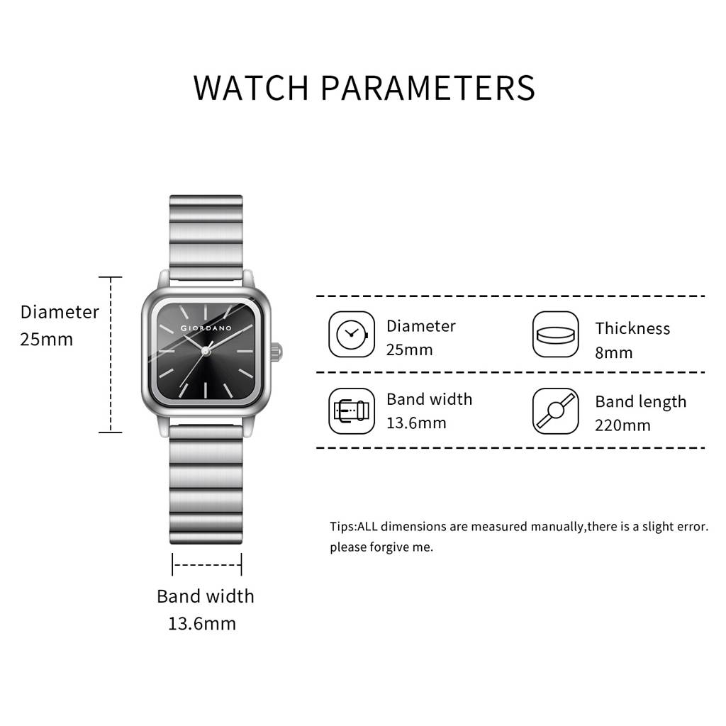 Giordano Classic Square Watch For Women Â Polished Stainless Steel Strap, Minimalist Compact Design-Gz-60098 : GZ-60098-11