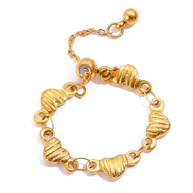 18K Gold Plated Anti-Tarnish Heart Adjustable Chain Ring : RIN-906