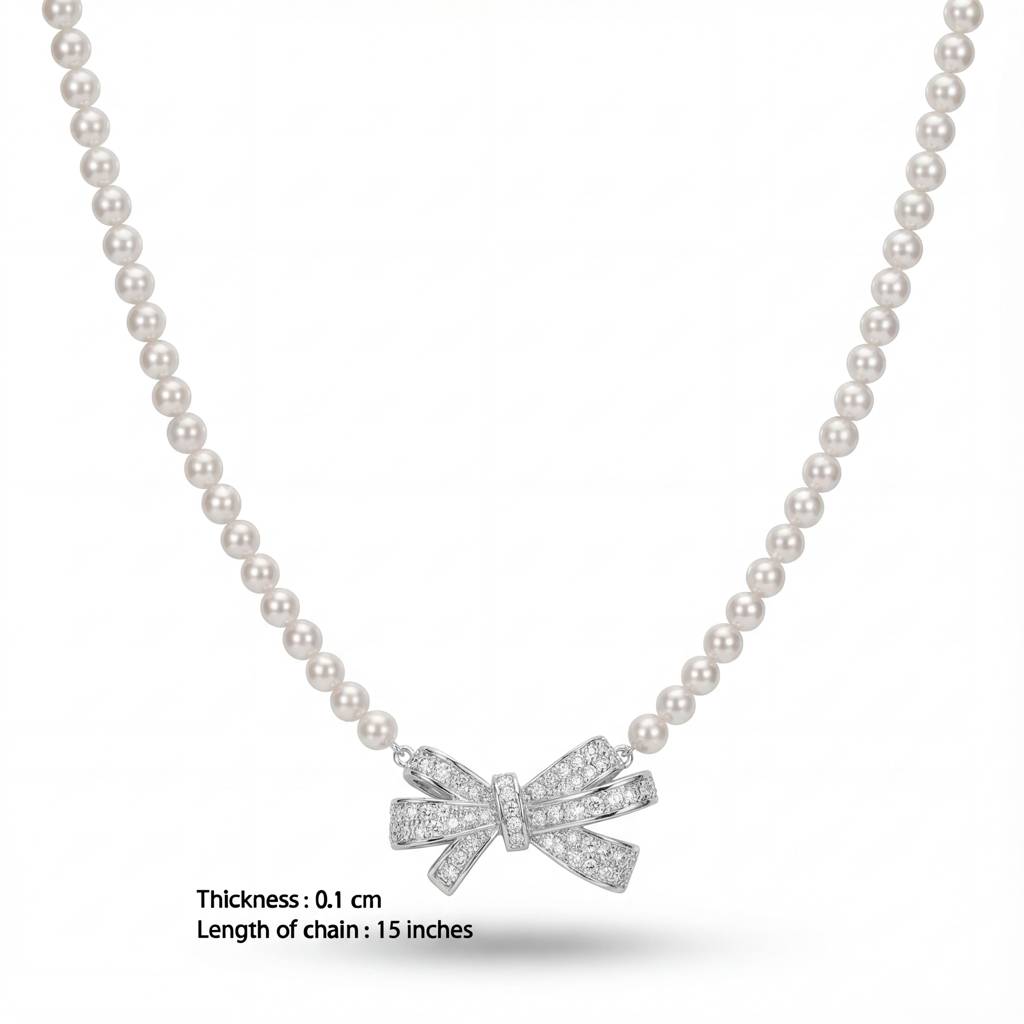 Korean Radiant Pave Bow Pearl Necklace : YUFSNL247
