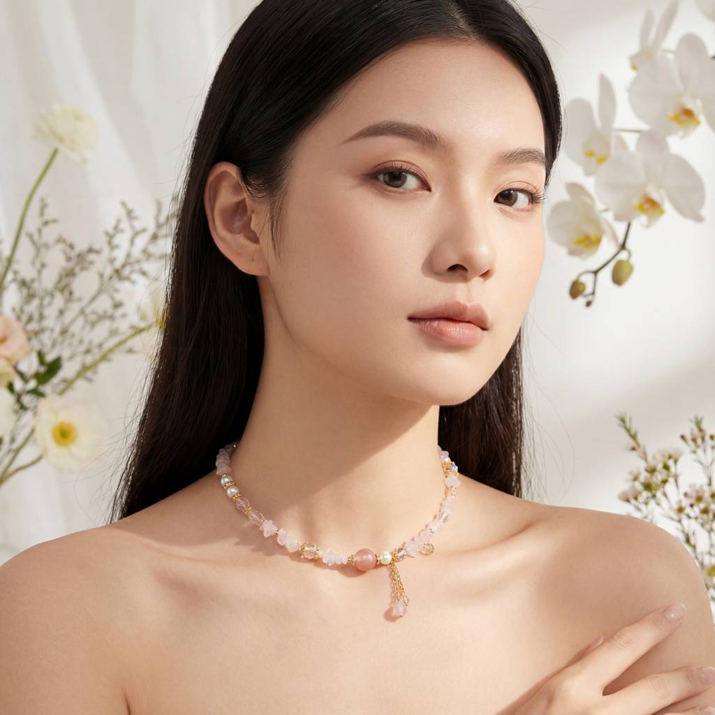 Korean Artisan Rose Quartz & Mixed Gemstone Charm Choker : YUFSNL245