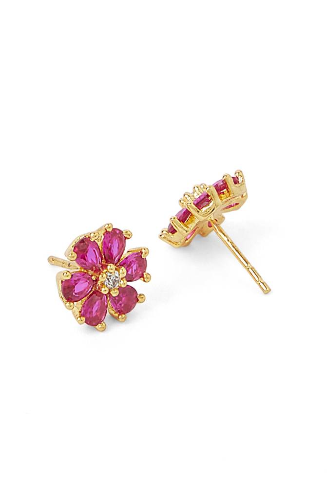 925 Pure Silver Flower Stud With Red Pear Cz Stones  In Gold : PERIWINKLEGRED-003