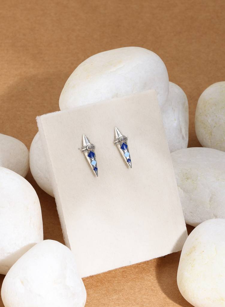 2 In1 Pure Oxidised Silver Detachable Chandbali Earring In Indigo Enamel| Anoha : ECO001