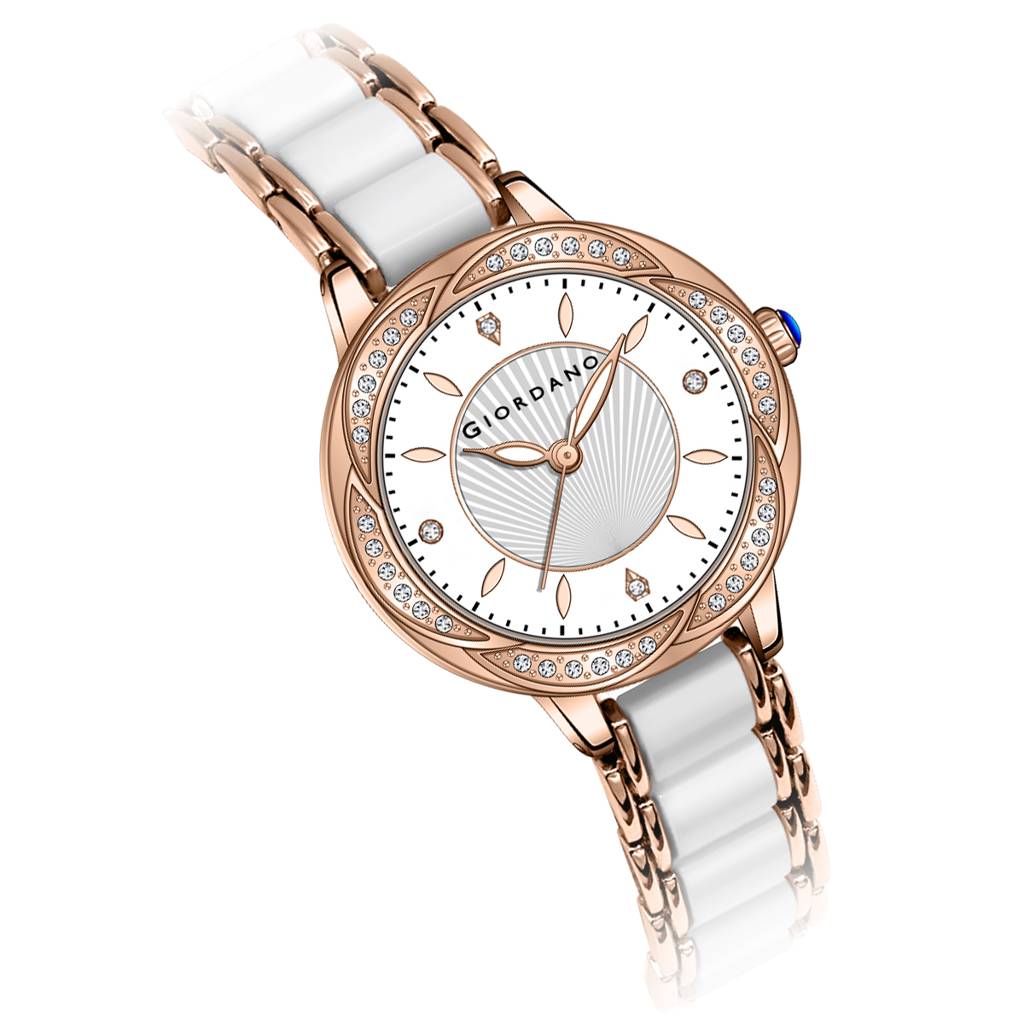 Giordano Flower Case Watch For Women With Crystal-Studded Bezel, Diamond Hour Markers & Dual Tone Stainless Stra : GZ-60095-33