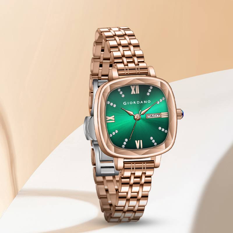 Giordano Elegant Square Rose Gold Watch For Women Â Crystal & Roman Hour Markers, Day-Date Display, Stainless  : GZ-60097-33