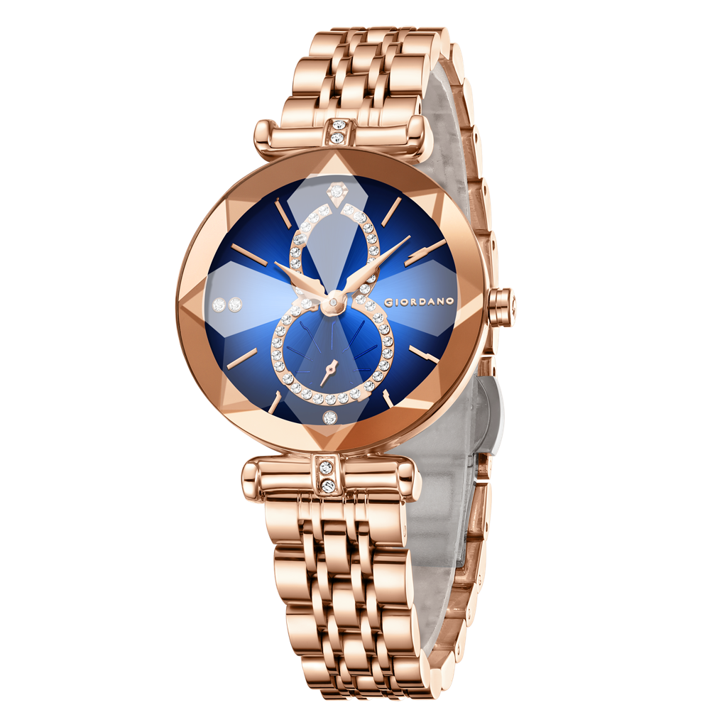 Giordano Luxury Watch For Women Â Round Diamond Cut Glass Dial, Elegant Stainless Steel Strap With Quartz Move : GZ-60092-11