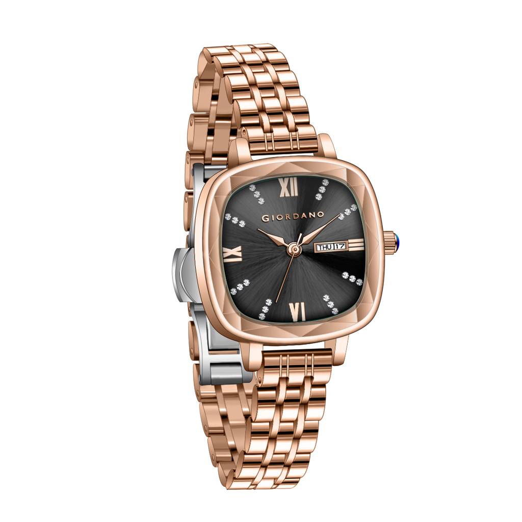 Giordano Elegant Square Rose Gold Watch For Women Â Crystal & Roman Hour Markers, Day-Date Display, Stainless  : GZ-60097-66
