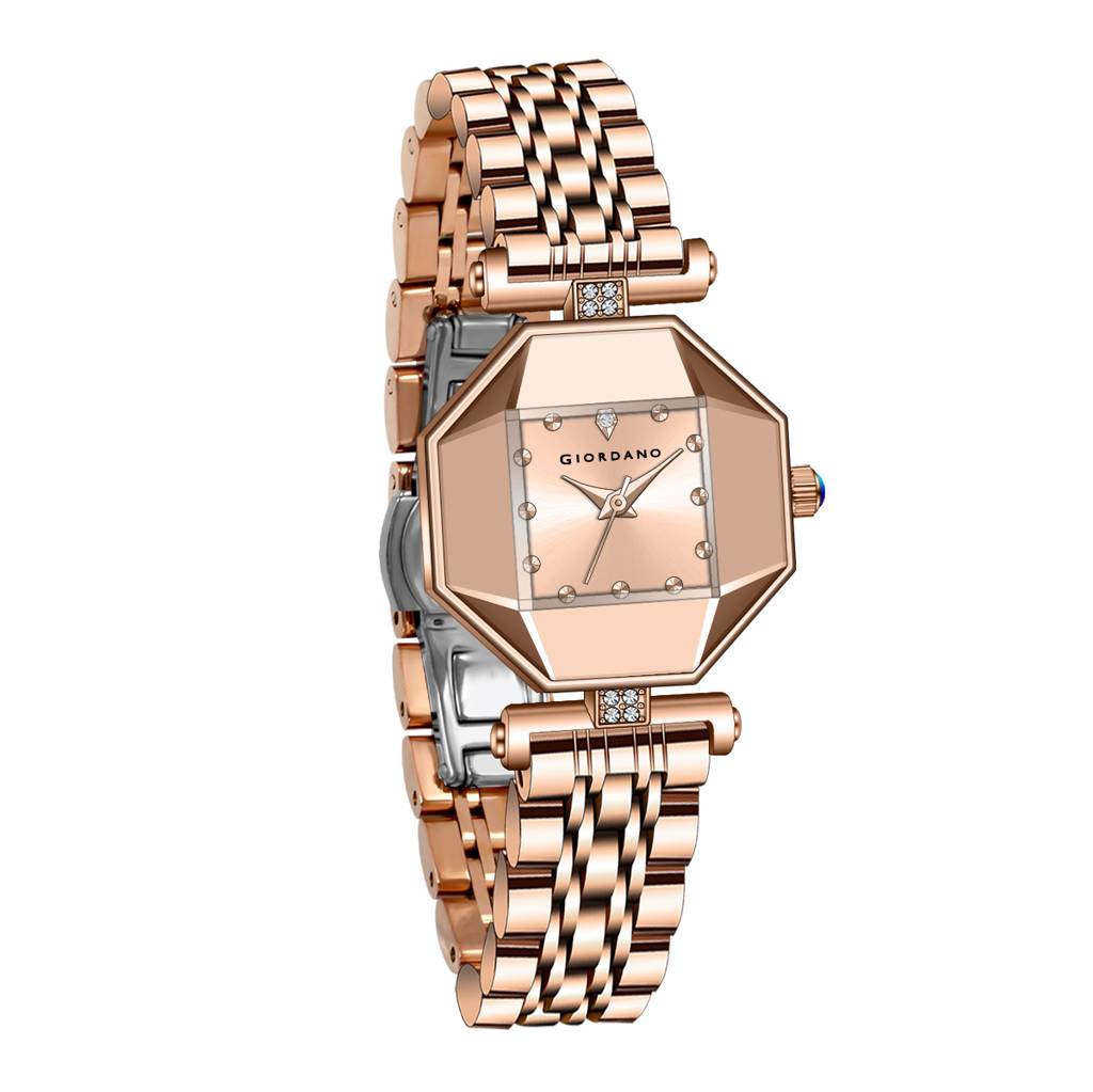 Giordano Dress Watch For Women Â Rose Gold Finish, Diamond Accented Octagonal Dial & Stainless Steel Strap-Gz- : GZ-60096-22