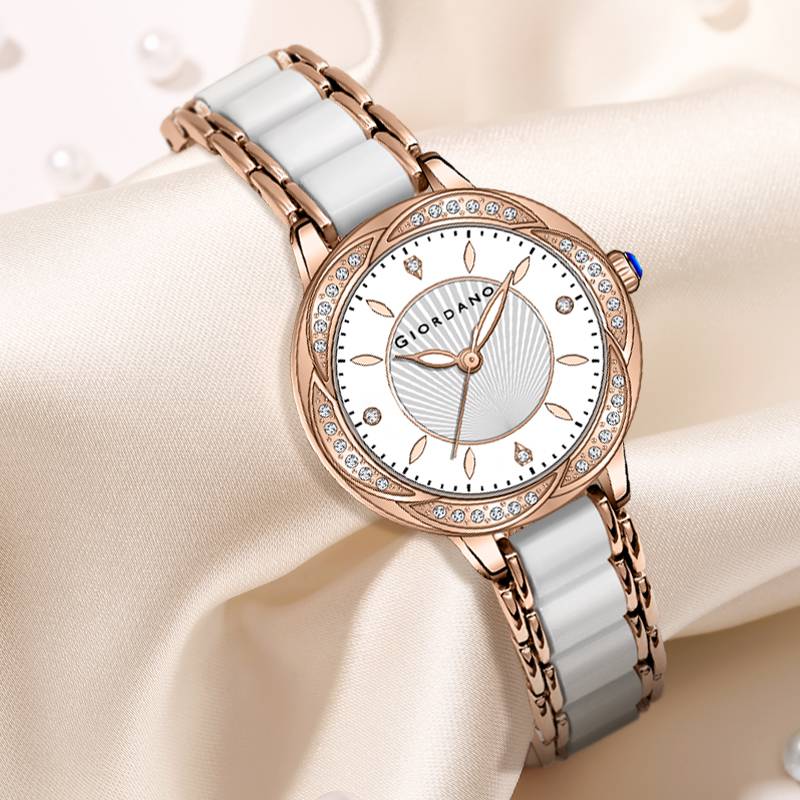Giordano Flower Case Watch For Women With Crystal-Studded Bezel, Diamond Hour Markers & Dual Tone Stainless Stra : GZ-60095-33