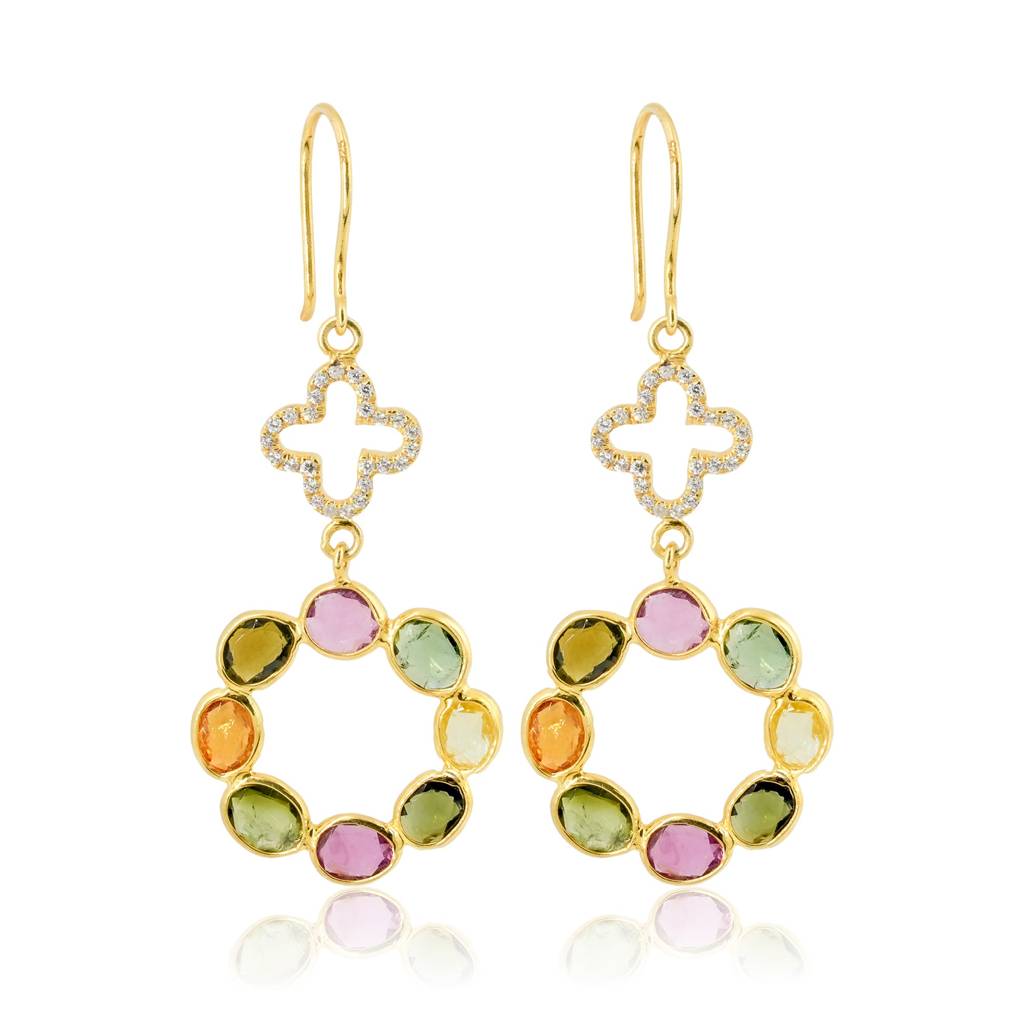 Multicolour Tourmaline Clover Drop Earrings With Cz In 18K Gold-Plated 925 Silver : ER0006