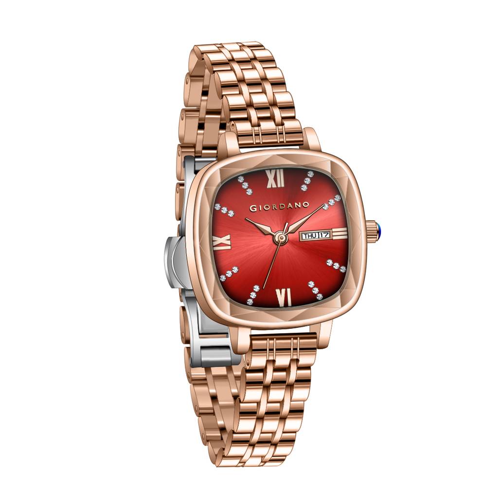 Giordano Elegant Square Rose Gold Watch For Women Â Crystal & Roman Hour Markers, Day-Date Display, Stainless  : GZ-60097-44