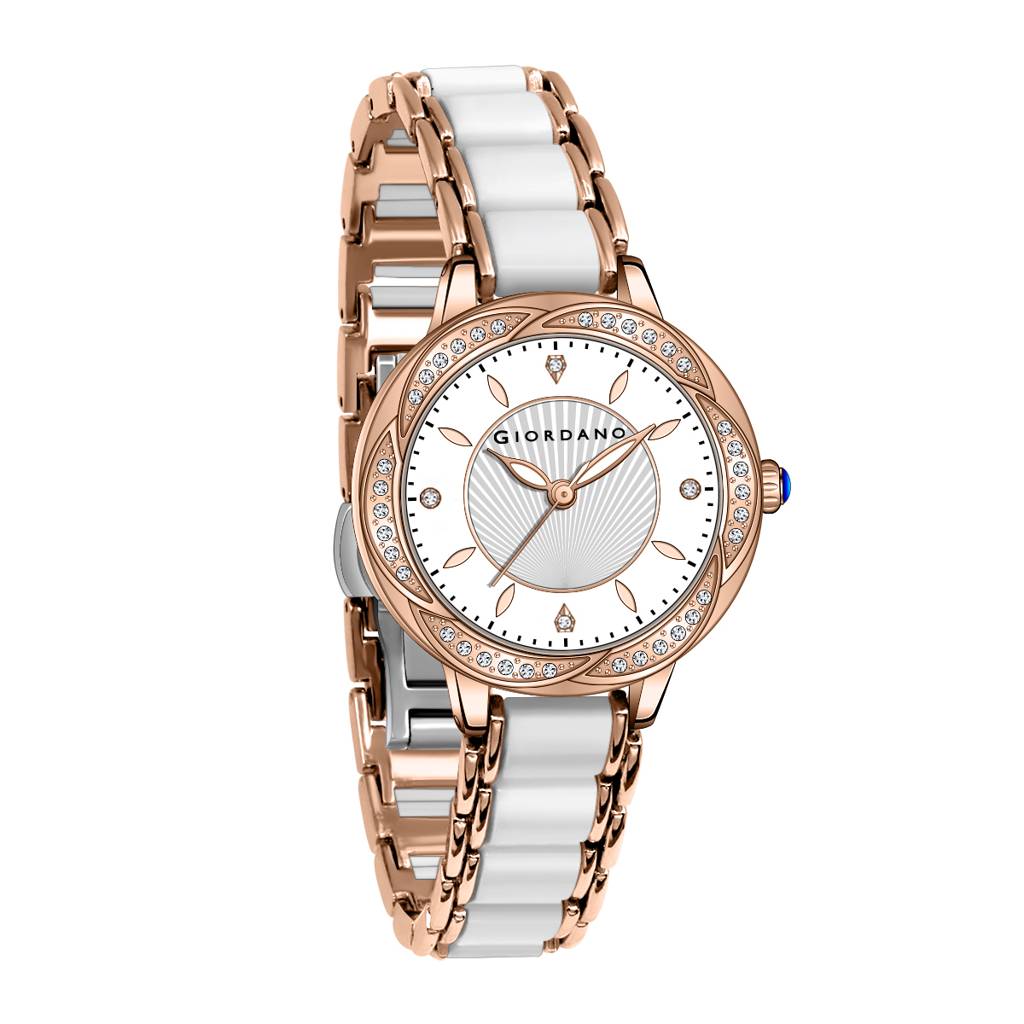 Giordano Flower Case Watch For Women With Crystal-Studded Bezel, Diamond Hour Markers & Dual Tone Stainless Stra : GZ-60095-33