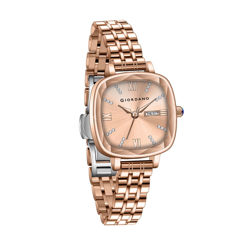 Giordano Elegant Square Rose Gold Watch For Women Â Crystal & Roman Hour Markers, Day-Date Display, Stainless  : GZ-60097-22