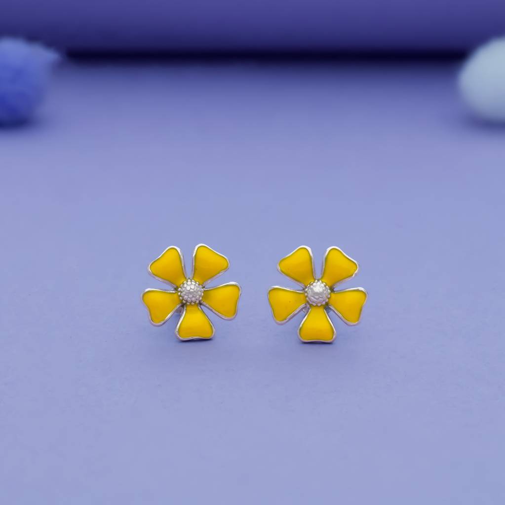 925 Sterling Silver Earrings For Baby Girl With Yellow Flower Design : KE-KS-RH-U-259-P