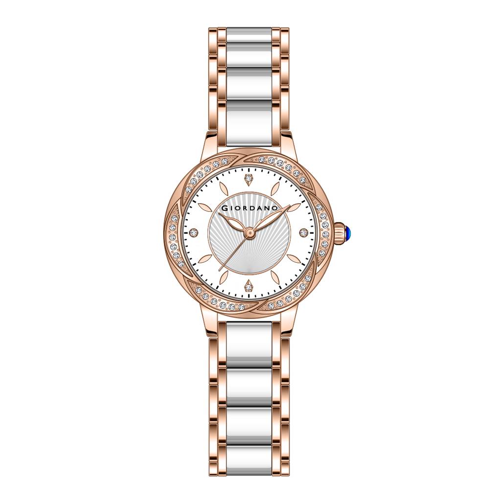 Giordano Flower Case Watch For Women With Crystal-Studded Bezel, Diamond Hour Markers & Dual Tone Stainless Stra : GZ-60095-33