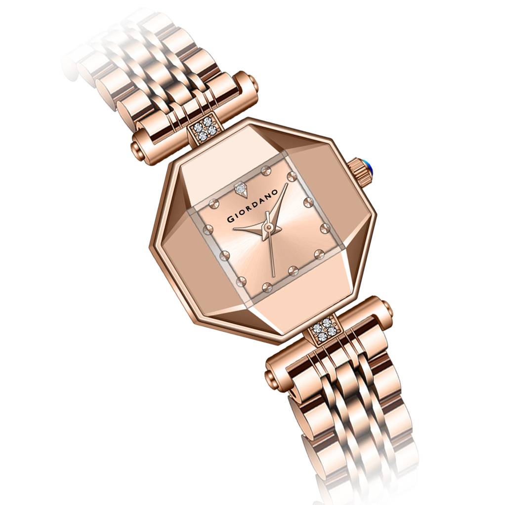 Giordano Dress Watch For Women Â Rose Gold Finish, Diamond Accented Octagonal Dial & Stainless Steel Strap-Gz- : GZ-60096-22