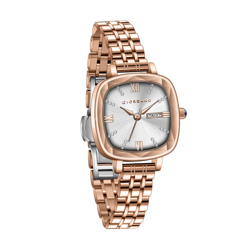 Giordano Elegant Square Rose Gold Watch For Women Â Crystal & Roman Hour Markers, Day-Date Display, Stainless  : GZ-60097-55