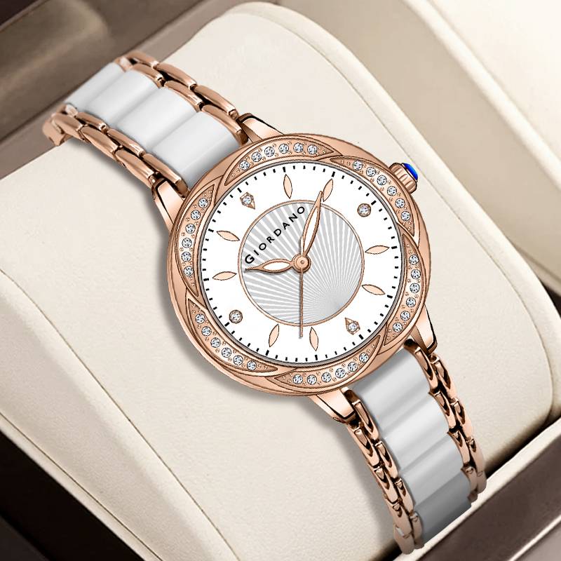 Giordano Flower Case Watch For Women With Crystal-Studded Bezel, Diamond Hour Markers & Dual Tone Stainless Stra : GZ-60095-33