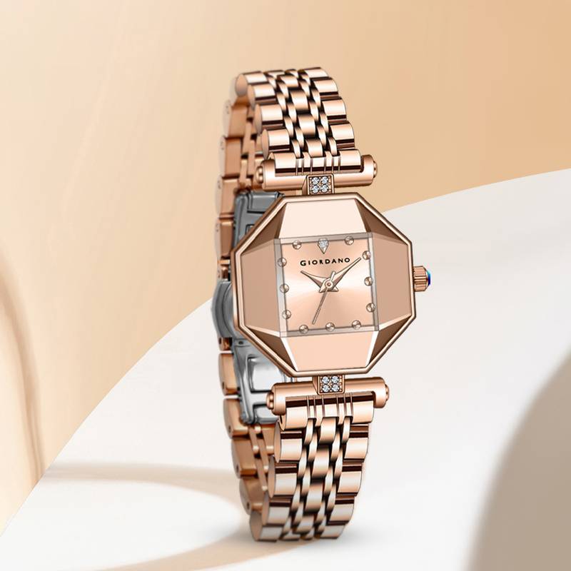 Giordano Dress Watch For Women Â Rose Gold Finish, Diamond Accented Octagonal Dial & Stainless Steel Strap-Gz- : GZ-60096-22