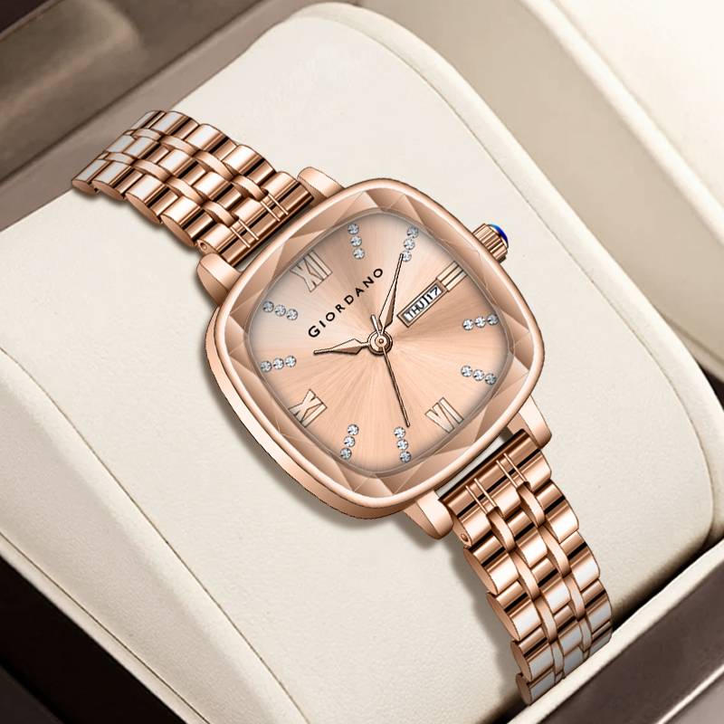 Giordano Elegant Square Rose Gold Watch For Women Â Crystal & Roman Hour Markers, Day-Date Display, Stainless  : GZ-60097-22