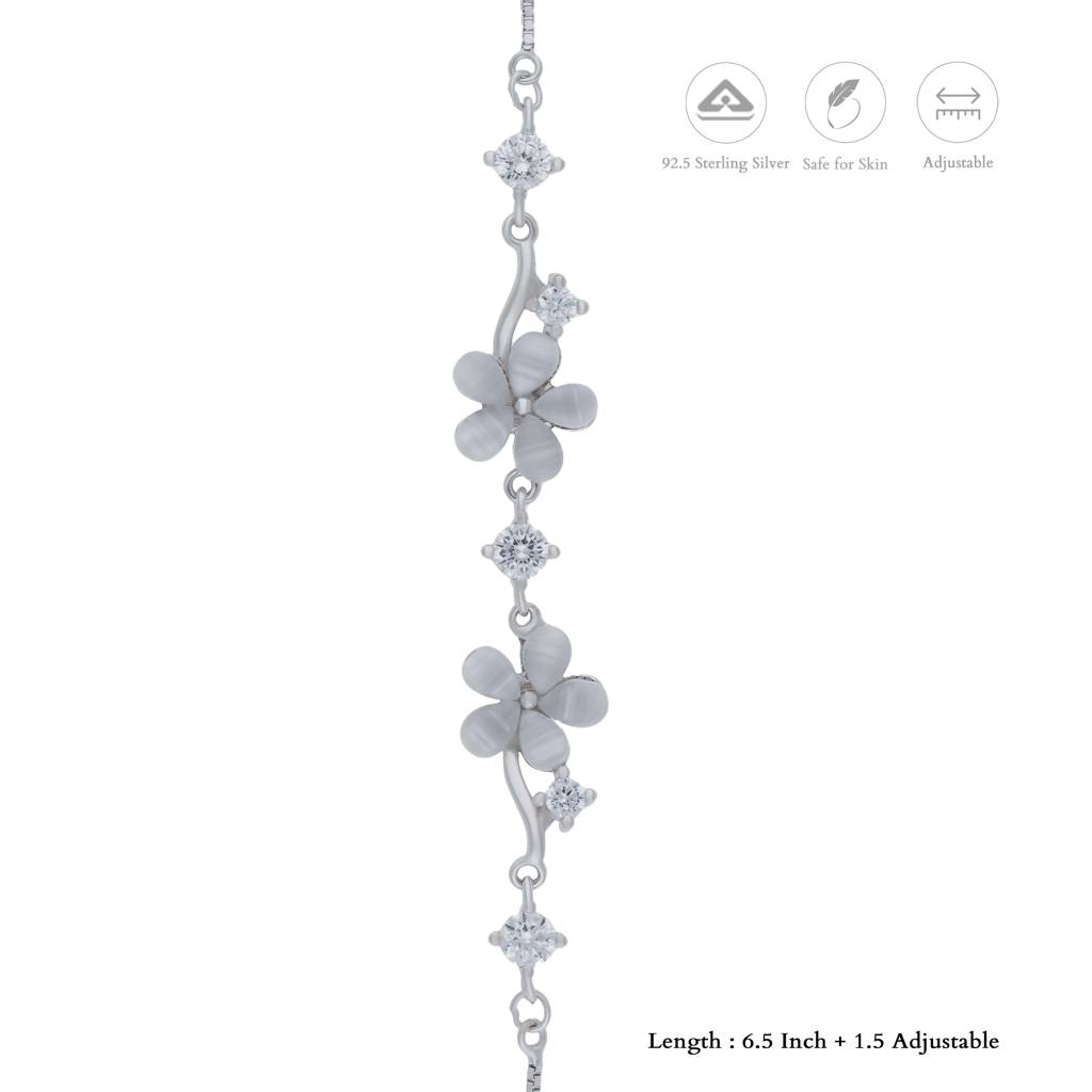Twin Bloom Zircon Stone 925 Silver Bracelet : BR-MB-RH-U-127-S