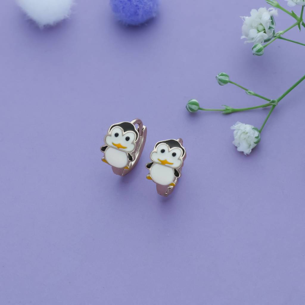 Iyal Frosty Penguin 925 Silver Kid Hoops Earring (3+ Yrs) : KE-KH-RH-U-153-P