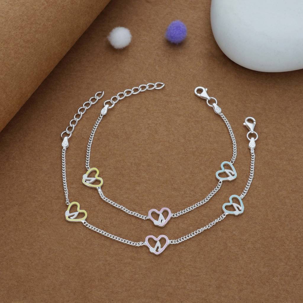 Colorful Heart Charm 925 Silver Kid Anklet (3-5 Yrs) : KA-KC-RH-R-171-P